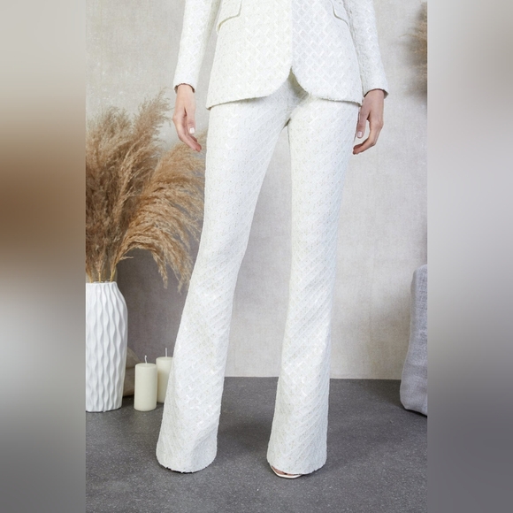 NADINE MERABI MEGHAN White Beige Flare Embroidered Sequin Velvet Trousers Pants - Picture 9 of 16